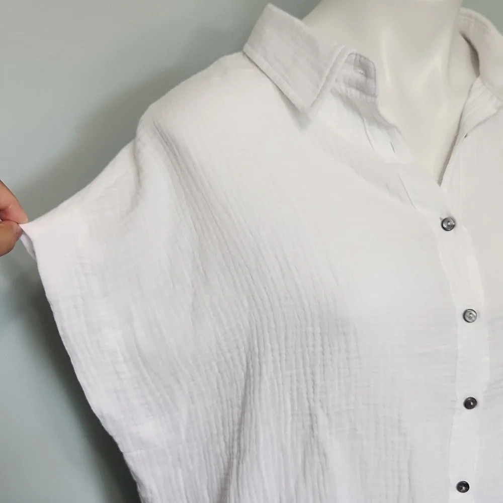 Faroro White Button Down Top High Low Lightweight Summer Blouse - Picture 5 of 12